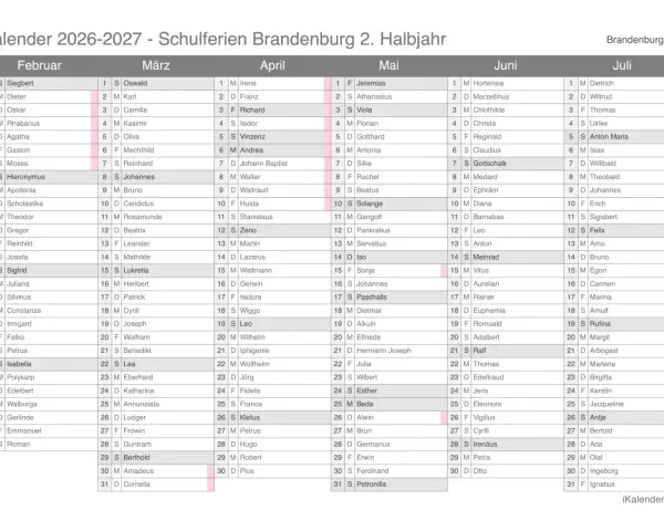 Kalender 2026-2027 mit Monaten Februar bis Juli und Namen.