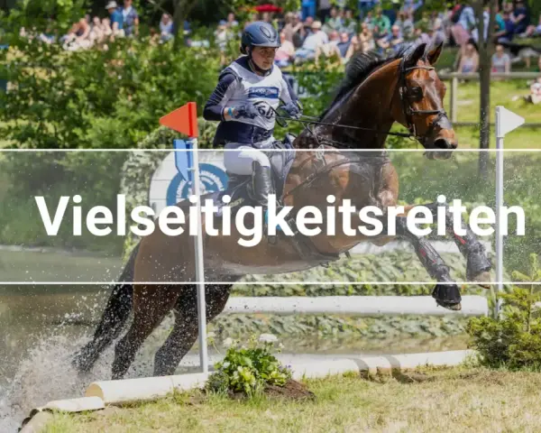 Ein Reiter und sein Pferd überwinden einen Wassergraben bei einem Vielseitigkeitsreiten-Wettbewerb.
