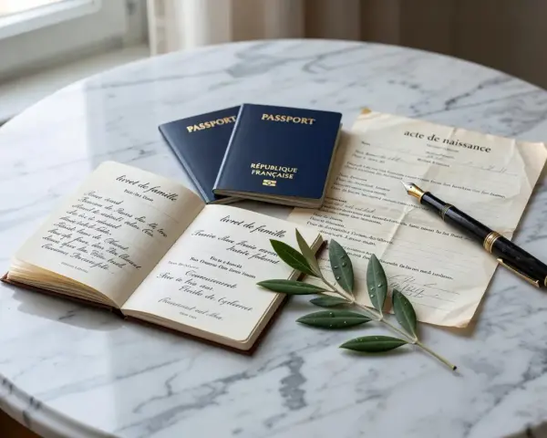 Livret de famille, passeports français et acte de naissance sur une table en marbre, évoquant l'état civil belge. Un stylo plume et une branche d'olivier complètent la scène.