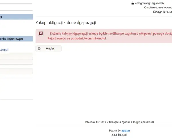 Interfejs bankowości internetowej mBank z menu po lewej i komunikatem o braku dostępu do zakupu obligacji.