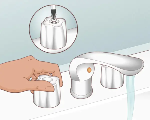 Illustration showing how to fix a dripping bathtub faucet. A hand removes a handle, while a close-up shows a screwdriver removing a screw from another handle.