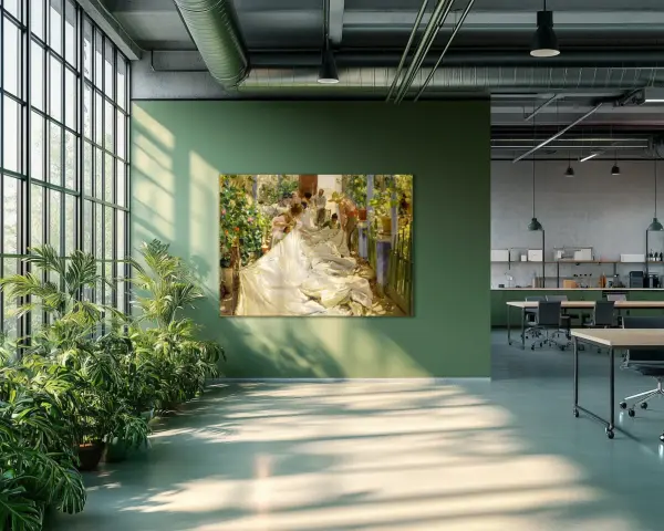 Pintura de un grupo de personas cosiendo la vela de un barco en un día soleado, rodeados de flores y vegetación.
