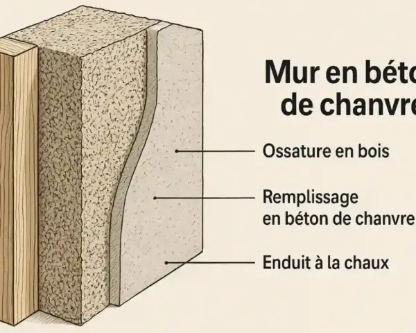 Coupe d'un mur montrant une ossature bois, un remplissage en béton de chanvre isolant et un enduit à la chaux.