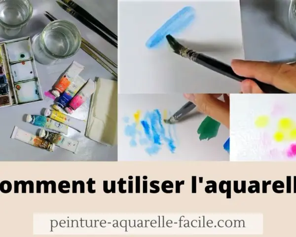 Matériel d'aquarelle : palette, tubes de peinture, pinceaux, eau. Démonstration de techniques de peinture style aquarelle.