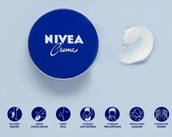 La crema Nivea es buena para la cara y para múltiples usos, como se muestra en los iconos: cuidado de la piel, masajes, protección y más.
