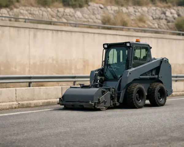 Macchina operatrice compatta, grigia, con rullo frontale, si muove su strada asfaltata. Le macchine operatrici, anche a bassa velocità, sono essenziali per lavori stradali.