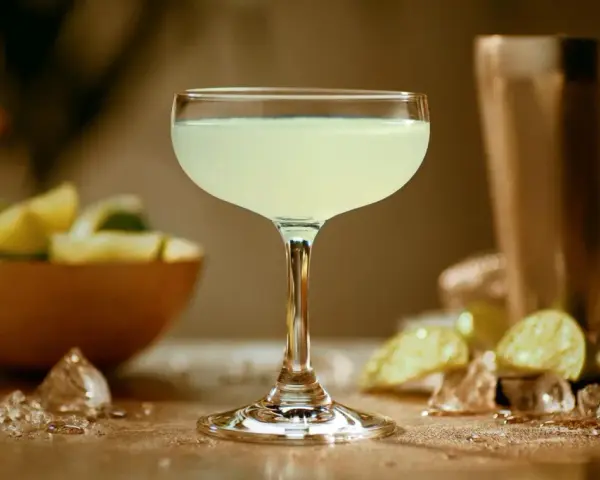 Orzeźwiający daiquiri, idealny na upalne dni. W tle miska z limonkami i kostki lodu.