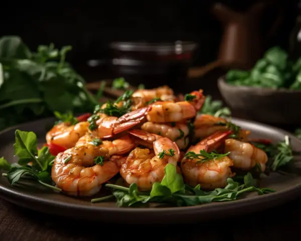 Gambas jugosas y doradas servidas con rúcula fresca y limón.