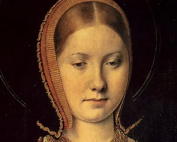 Retrato de Catalina de Aragón, una de las reinas católicas, con un tocado dorado y joyas.