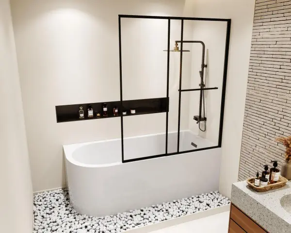 Salle de bain moderne avec baignoire blanche, paroi de douche noire et étagère murale. La taille baignoire semble parfaite pour un moment de détente.