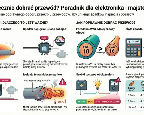 Przewód zbyt cienki powoduje spadki napięcia, przegrzewanie i pożary. Wybieraj grubszy przekrój, by uniknąć problemów.
