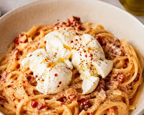 Cremige Pasta mit sonnengetrockneten Tomaten und drei Klößen Burrata. Ein einfaches Burrata Rezept, das begeistert.