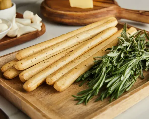 Grissini fatti in casa dorati e croccanti, profumati al rosmarino, pronti per essere gustati con formaggio e olive.