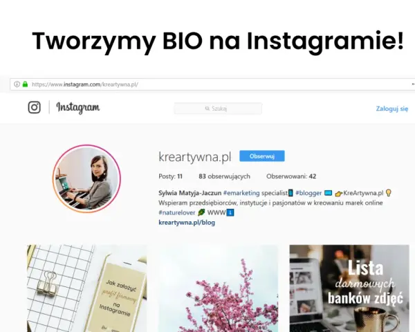 Fajny biogram na IG profilu @kreartywna.pl, gdzie Sylwia Matyja-Jaczun wspiera przedsiębiorców w kreowaniu marek online.