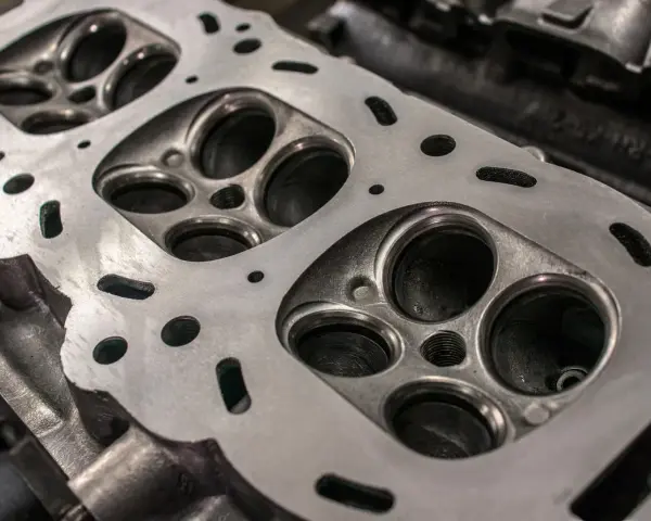 Nahaufnahme eines Zylinderkopfs eines Autos. Die Ventilsitze und die Bohrungen für die Zündkerzen sind sichtbar. Eine neue Kopfdichtung für das Auto wird bald montiert.