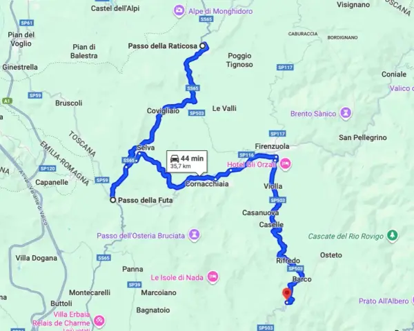 Mappa del percorso in moto per il Passo della Futa, con tappe a Firenzuola e Cornacchiaia.