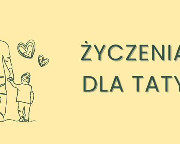 Tata i dziecko trzymają się za ręce, a obok serduszka. Napis: "Życzenia dla Taty". Idealne na fajne życzenia dla taty!