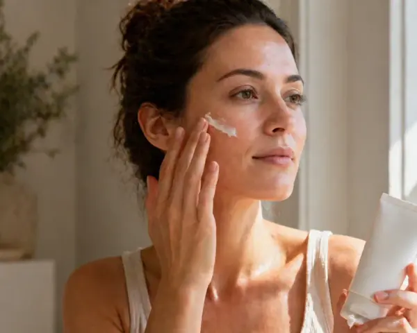 Kobieta aplikuje krem na twarz, zastanawiając się, retinol co to jest i jak działa na skórę.