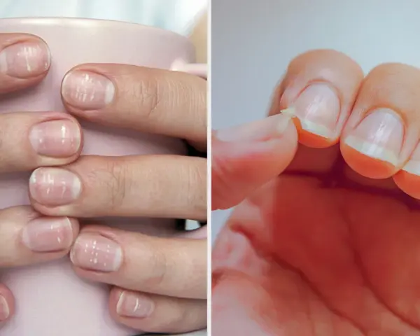 Ongles cassants, striés, manquent de nutriments essentiels. Une main montre des ongles fragiles, l'autre une écaille qui se détache.