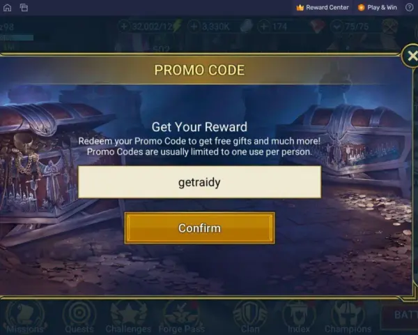 Wpisz kody do Raid Shadow Legends, aby otrzymać darmowe prezenty. Wpisz "getraidy" w pole promo code.