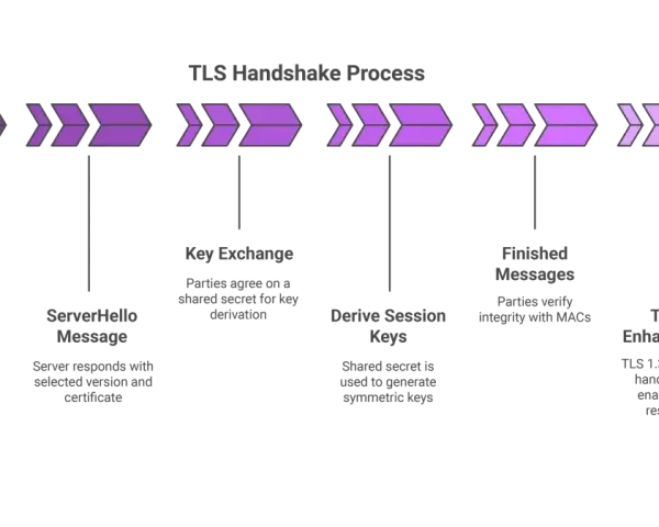 TLS handshake process: ClientHello, ServerHello, Key Exchange, Derive Session Keys, Finished Messages, and TLS 1.3 Enhancements. The minimum TLS version is crucial for security.