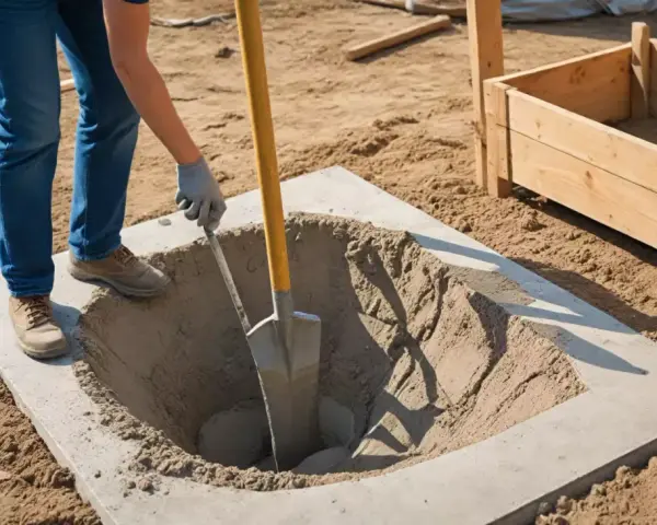Osoba kopie dół w betonie, przygotowując fundamenty pod słupki ogrodzeniowe. Właściwe proporcje betonu są kluczowe dla stabilności.