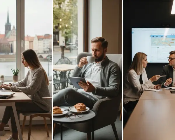 Studia grafika Wrocław: młoda kobieta pracuje przy laptopie z widokiem na miasto, mężczyzna pije kawę z tabletem, a para dyskutuje przy ekranie.