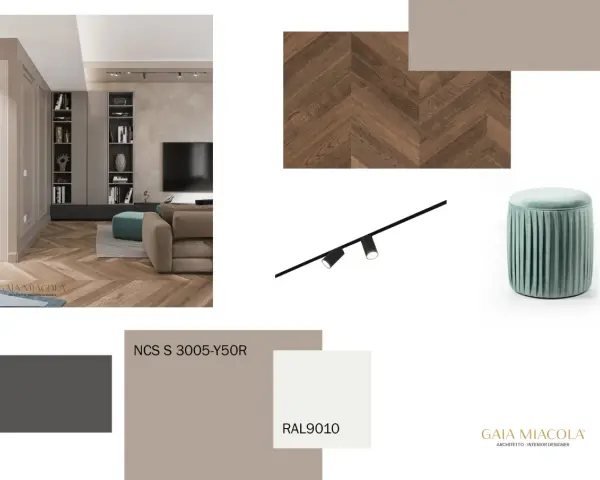 Moodboard con parquet a spina di pesce, pouf verde acqua e campioni di colore. I colori che stanno bene con il tortora includono grigi caldi e tonalità neutre.