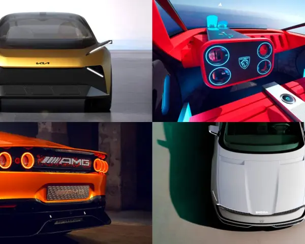 Kolaż czterech samochodów: złoty concept car z przodu, futurystyczne czerwone wnętrze, pomarańczowy tył sportowego auta, biały Skoda z góry.