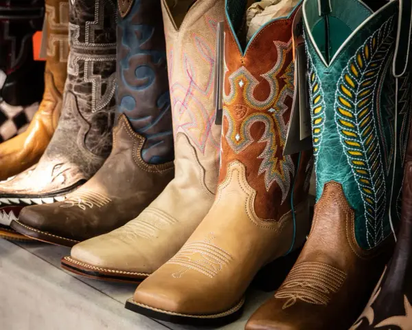 Una fila di stivali da cowboy colorati e ricamati, mostrando la differenza tra texani e camperos con vari design.