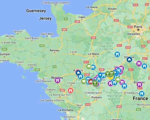 Carte des châteaux de la Loire, idéale pour un itinéraire pour visiter les châteaux de la Loire en 3 jours.
