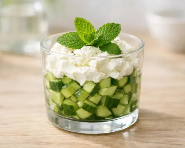 Verrine fraîcheur : dés de concombre croquants surmontés d'une crème onctueuse et d'une touche de menthe. Un délice léger et rafraîchissant.
