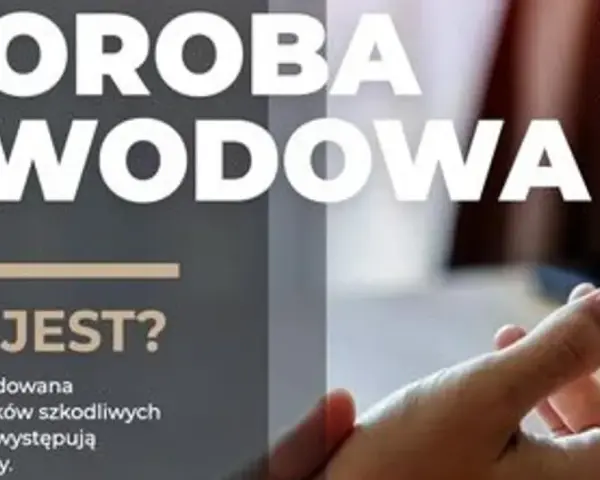 Choroba zawodowa - dłoń w tle, tekst "Choroba zawodowa", "Co to jest?".