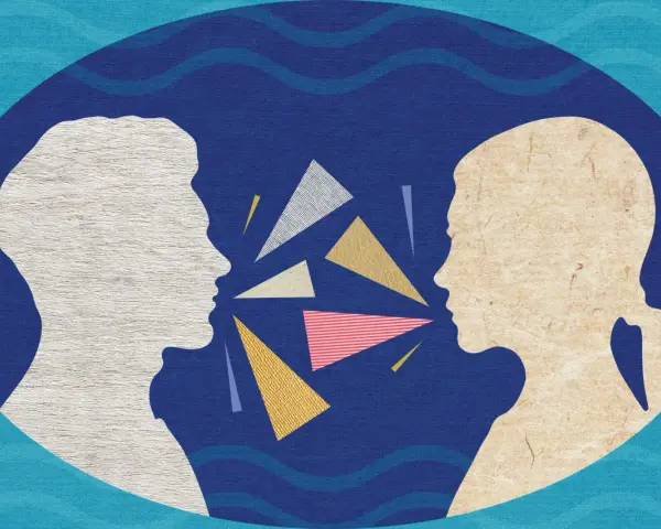 Due profili si fronteggiano, circondati da forme geometriche colorate. Quante sono le emozioni che si scambiano in questo dialogo visivo?