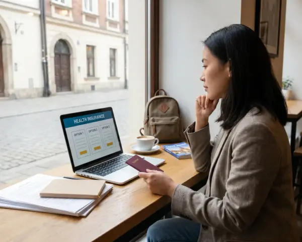 Kobieta analizuje opcje ubezpieczenia zdrowotnego na laptopie, trzymając paszport. W tle widać kawiarnię i ulicę.
