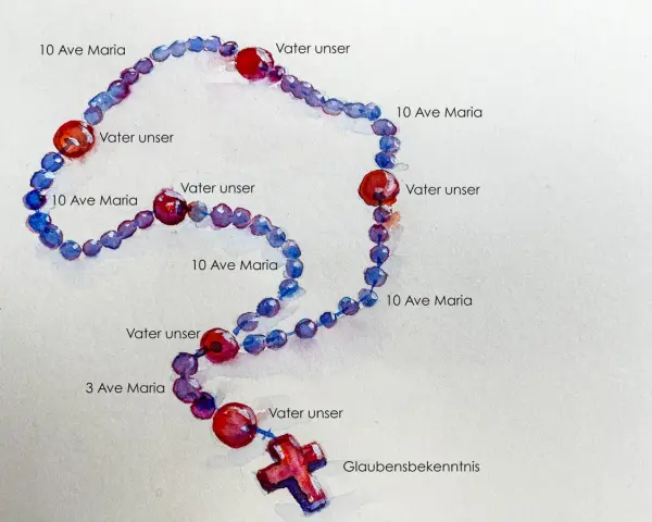 Ein Rosenkranz mit blauen und roten Perlen, beschriftet mit "Vater unser" und "Ave Maria". Die Rosenkranz Kette Bedeutung liegt in der Meditation und dem Gebet.