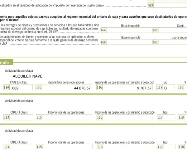 Detalle de prorratas de IVA para "ALQUILER NAVE", con importes de operaciones y porcentaje de prorratas. La factura a origen se refleja en los cálculos.