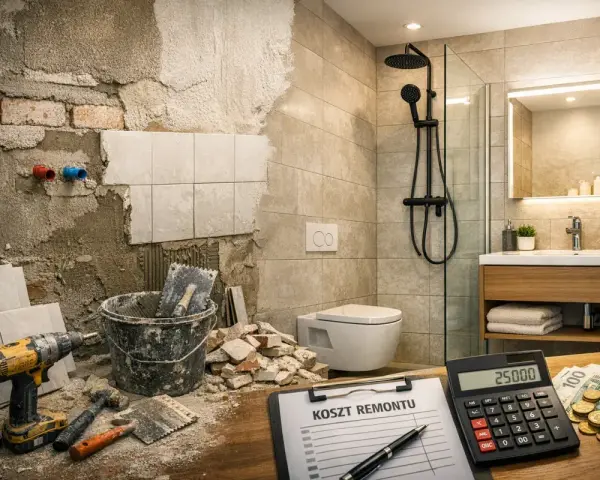 Kalkulator pokazuje 25000, a obok leżą pieniądze i dokument "Koszt remontu". Widać łazienkę w trakcie prac.