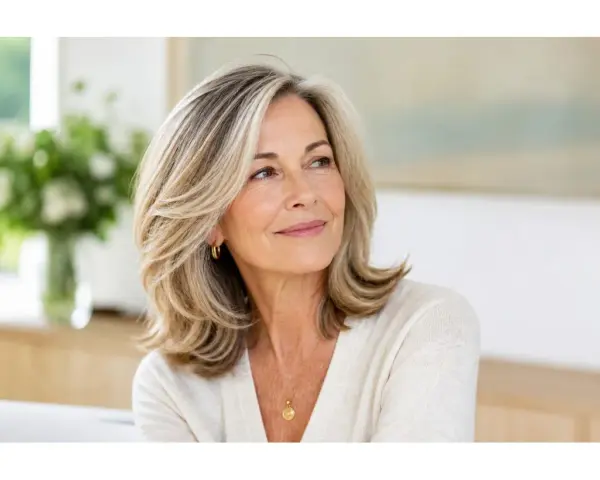 Donna con capelli biondi scalati, un look che fa parte dei 10 tagli di capelli per sembrare più giovani.