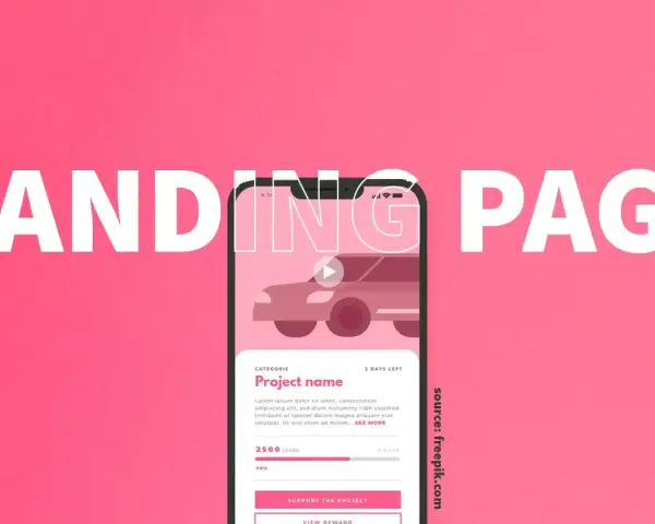 Beispiele für Landing Pages: Ein Smartphone zeigt eine Crowdfunding-Kampagne für ein Auto. Der Text "LANDING PAGE" ist groß darüber zu lesen.