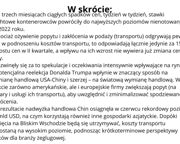 Stawki frachtowe kontenerowców rosną, wpływając na koszty transportu. Spekulacje i napięcia geopolityczne podnoszą perspektywy zysków dla żeglugi.
