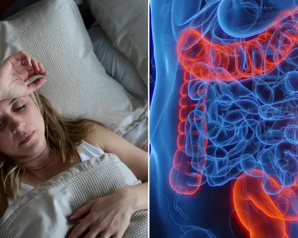 Frau im Bett, besorgt. Daneben eine 3D-Darstellung des Darms mit einem leuchtend gelben Tumor. So fing Darmkrebs an.