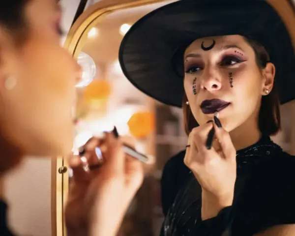 Frau mit Hexenhut und Halloween-Make-up trägt Lippenstift vor einem Spiegel auf.