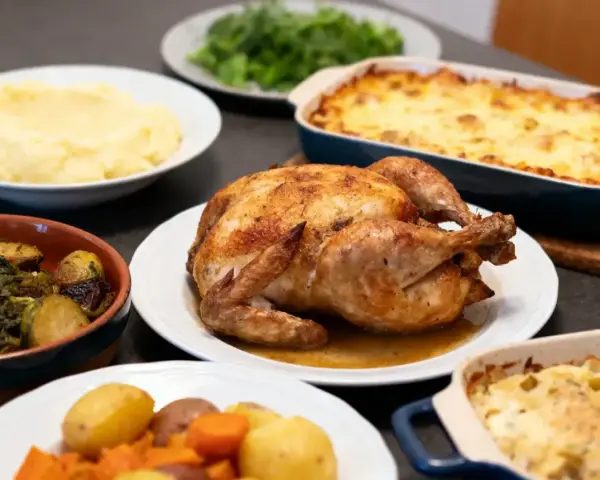 Un poulet rôti doré, entouré de purée, légumes rôtis et gratin. Un festin parfait pour un accompagnement poulet rôti.