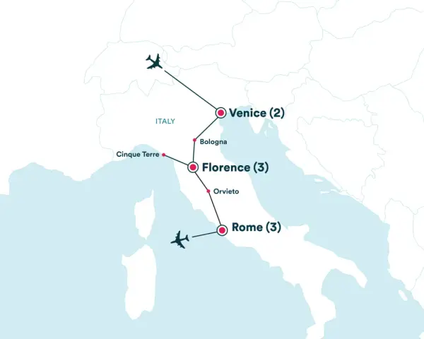 Map showing a Rome, Florence, Venice itinerary with flights and stops in Cinque Terre, Bologna, and Orvieto.