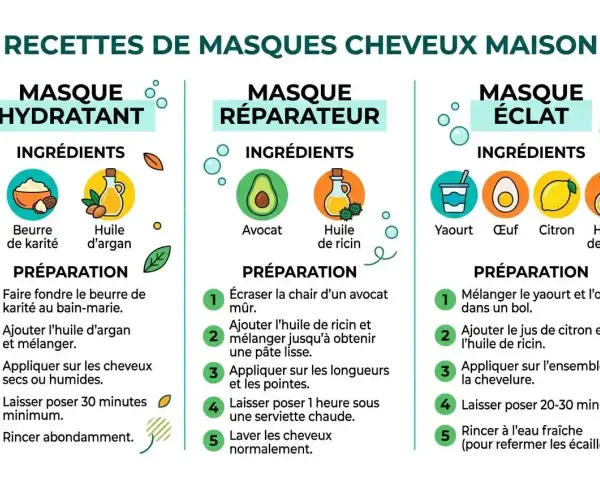 Recettes de masques capillaires maison : hydratant, réparateur et éclat. Chaque patron masque détaille ingrédients et préparation.