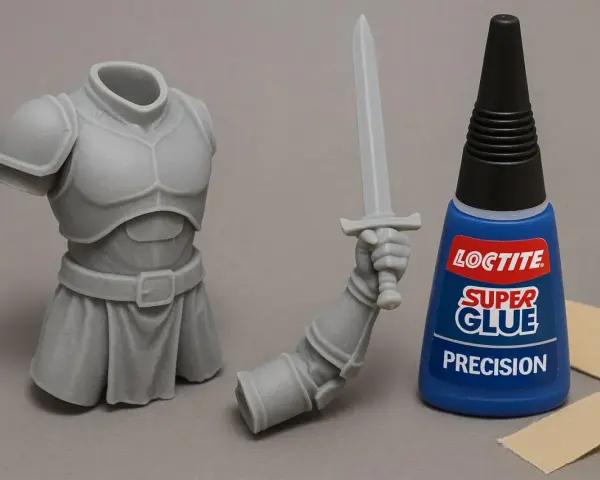 A grey resin knight model, its arm holding a sword, and a bottle of Loctite Super Glue Precision. Learn how to glue resin models for your next project.