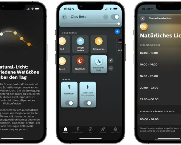 App-Ansicht: "Natürliches Licht" passt die Beleuchtung über den Tag an, von kühlem Morgenlicht bis warmem Abendlicht.