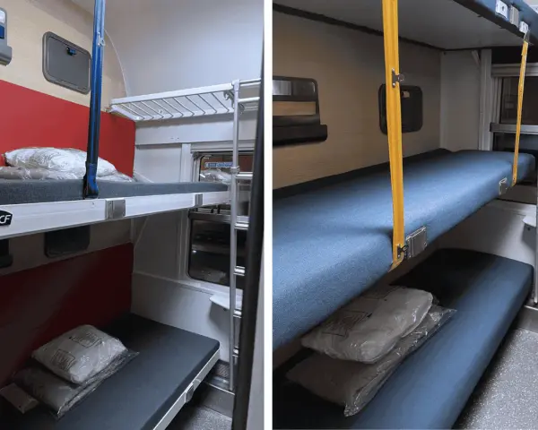 Compartiments couchettes SNCF, lits superposés. Le car couchette interdit en France pour des raisons de sécurité.