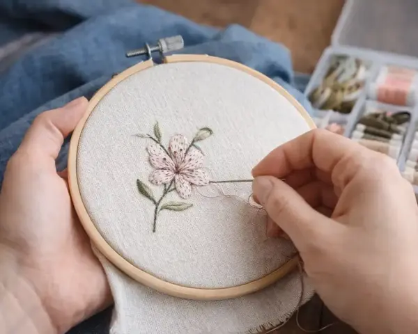 Manos bordando una flor en un bastidor. Se aprecian hilos de colores y las medidas de los bastidores son importantes para este arte.